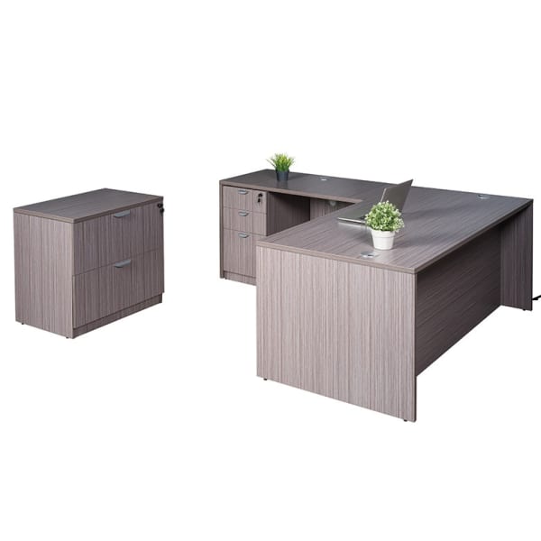 Boss Office Products 71inW Executive L-Shaped Corner Desk With Box/Box/File Storage Pedestal And 2-Drawer Lateral File, Driftwood