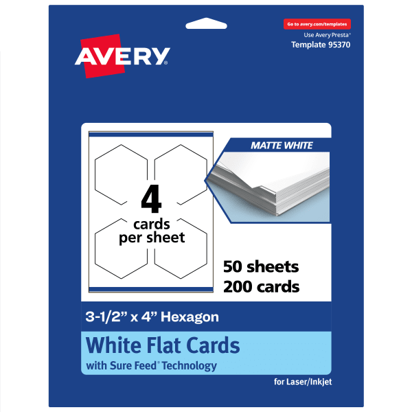 Avery Print-To-The-Edge Flat Cards With Sure Feed Technology, 3-1/2inx4in Hexagon, Matte White, Pack Of 200