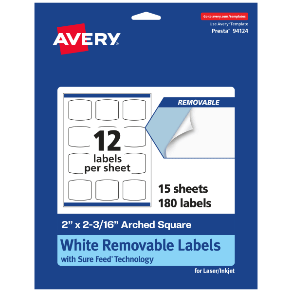 Avery Removable Labels With Sure Feed, 94124-RMP15, Arched Square, 2in x 2-3/16in, White, Pack Of 180 Labels