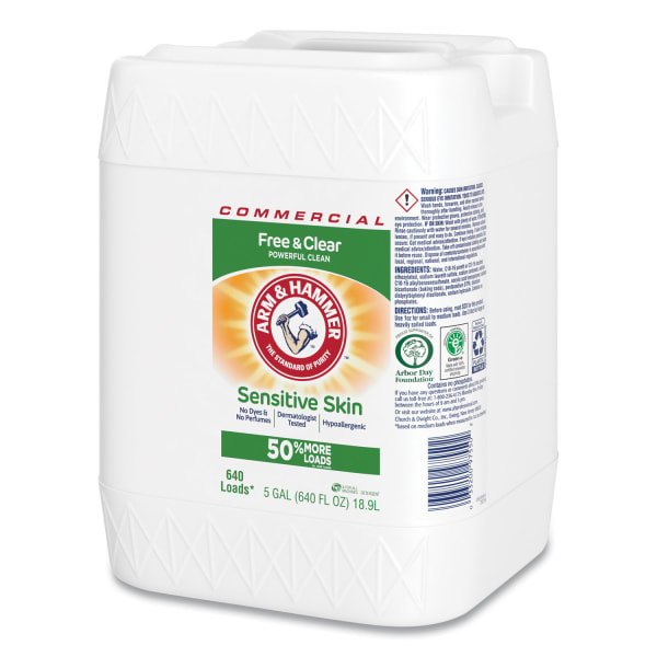 Arm & Hammer HE Compatible Liquid Detergent, Unscented, 640 Loads, Free and Clear Scent, 5 gal Jug