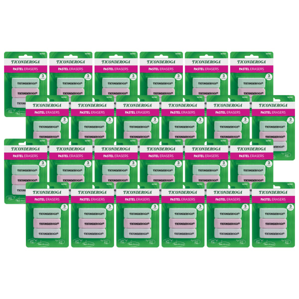 Ticonderoga Wedge Erasers, 13/16inH x 2-5/16inW x 7/16inD, Pastel Colors, 3 Erasers Per Pack, Set Of 24 Packs