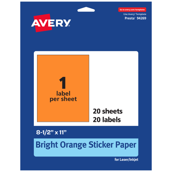 Avery Printable Sticker Paper, 94269-BOP20, Rectangle, 8-1/2in x 11in, Matte Bright Orange, Pack of 20