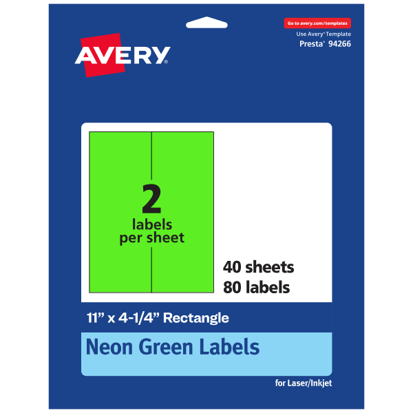 Avery Printable Labels, 94266-NGP40, Rectangle, 11in x 4-1/4in, Matte Neon Green, Pack of 80