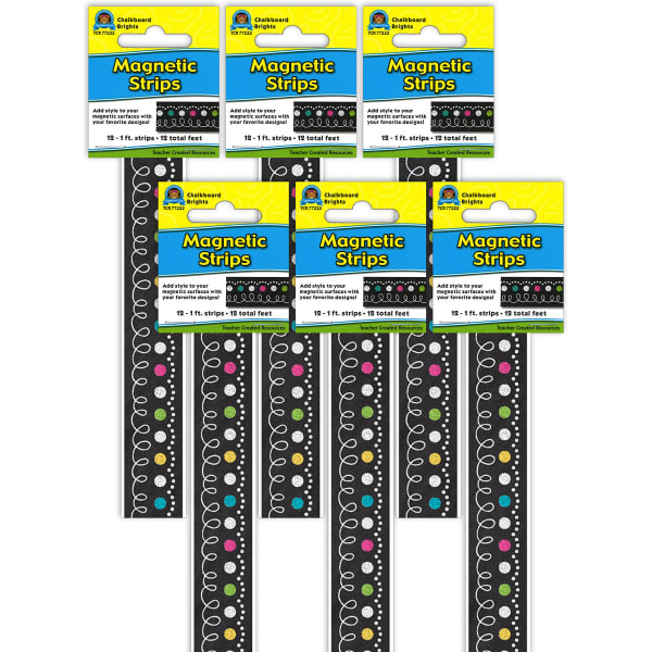 Teacher Created Resources Magnetic Strips, Chalkboard Brights, 12in x 3/4in, 12 Strips Per Pack, Set Of 6 Packs
