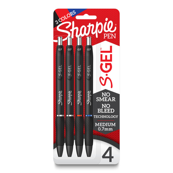 Sharpie S Gel Pens, Medium Point, 0.7 mm, Black Barrel, Assorted Ink, Pack Of 4 Pens