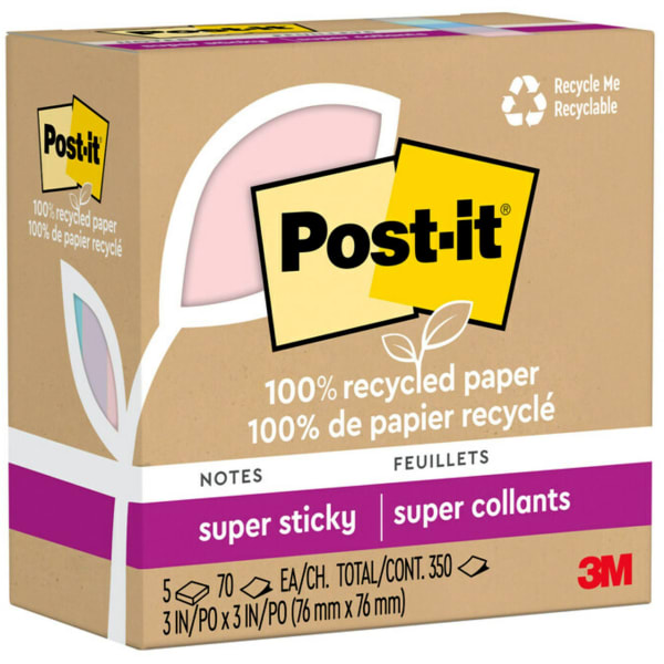 Post-it 100% Recycled Paper Super Sticky Notes, 350 Total Notes, Pack Of 5 Pads, 3in x 3in, Wanderlust Pastels, 70 Notes Per Pad