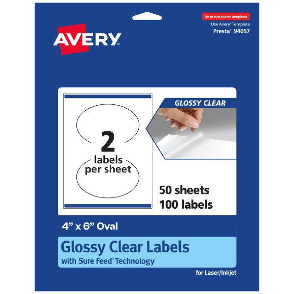Avery Glossy Permanent Labels With Sure Feed, 94057-CGF50, Oval, 4in x 6in, Clear, Pack Of 100