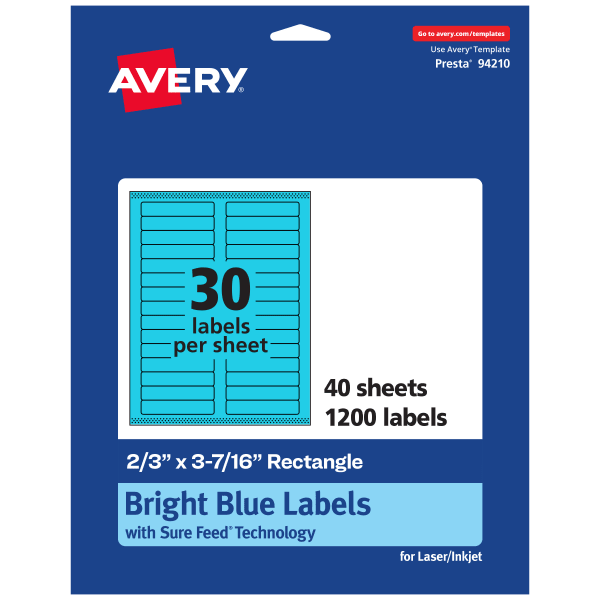Avery Printable Labels With Sure Feed Technology, 94210-BBP40, Rectangle, 2/3in x 3-7/16in, Matte Bright Blue, Pack of 1200