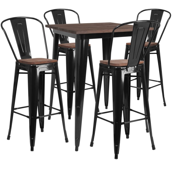 Flash Furniture Square Metal Bar Table Set With Wood Top And 4 Stools, 42inH x 32inW x 32inD, Black