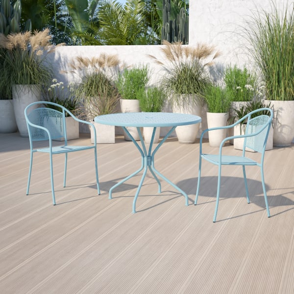Flash Furniture Oia Commercial Grade 35-1/4in Round Indoor-Outdoor Steel Patio Table With Umbrella Hole, 28-3/4inH x 35-1/4inW x 35-1/4inD, Sky Blue