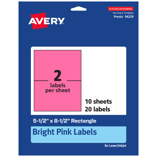 Avery Printable Labels, 94229-BPP10, Rectangle, 5-1/2in x 8-1/2in, Matte Bright Pink, Pack of 20