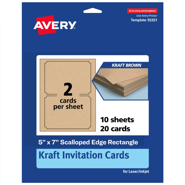 Avery Printable Invitation Cards, 5in x 7in Rectangle Scalloped Edge, Kraft Brown, Pack Of 20