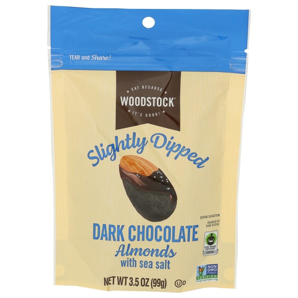 Woodstock Slightly Dipped Almonds, Dark Chocolate With Sea Salt, 3.5 Oz, Total Qty 8