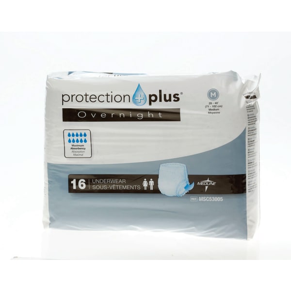 Protection Plus Overnight Protective Underwear, Medium, 28 - 40in, White, Bag Of 16, Case Of 4 Bags