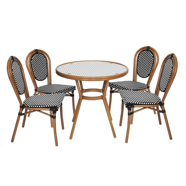 Flash Furniture Lourdes Indoor/Outdoor Commercial Bistro 31.5in Table, PE Rattan, Glass Top with 4 Stack Chairs, Black & White Rattan/Natural Frame