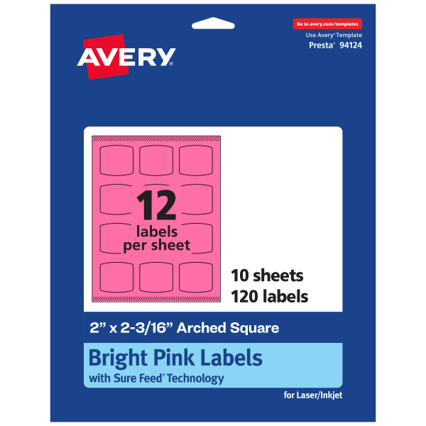 Avery Print-To-The-Edge Labels With Sure Feed Technology, 94124-BPP10, Arched Square, 2in x 2-3/16in, Matte Bright Pink, Pack of 120