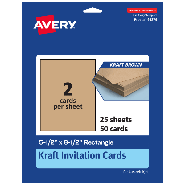 Avery Printable Invitation Cards, Rectangle, 5.5in x 8.5in, Kraft Brown, Pack Of 50