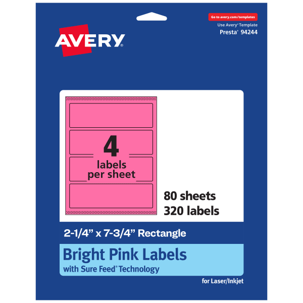 Avery Print-To-The-Edge Labels With Sure Feed Technology, 94244-BPP80, Rectangle, 2-1/4in x 7-3/4in, Matte Bright Pink, Pack of 320