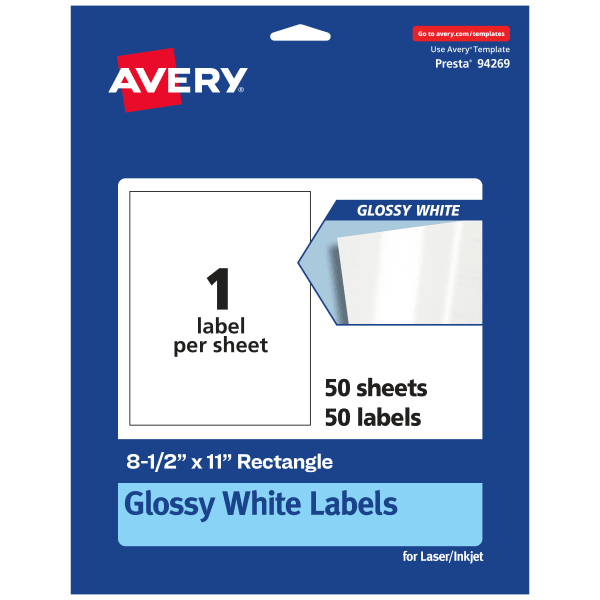 Avery Glossy Permanent Labels, 94269-WGP50, Rectangle, 8-1/2in x 11in, White, Pack Of 50