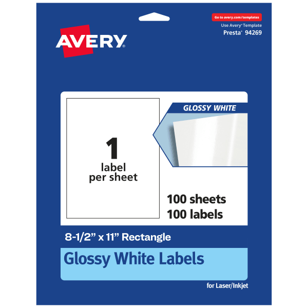 Avery Glossy Permanent Labels, 94269-WGP100, Rectangle, 8-1/2in x 11in, White, Pack Of 100