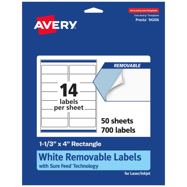 Avery Removable Labels With Sure Feed, 94206-RMP50, Rectangle, 1-1/3in x 4in, White, Pack Of 700 Labels