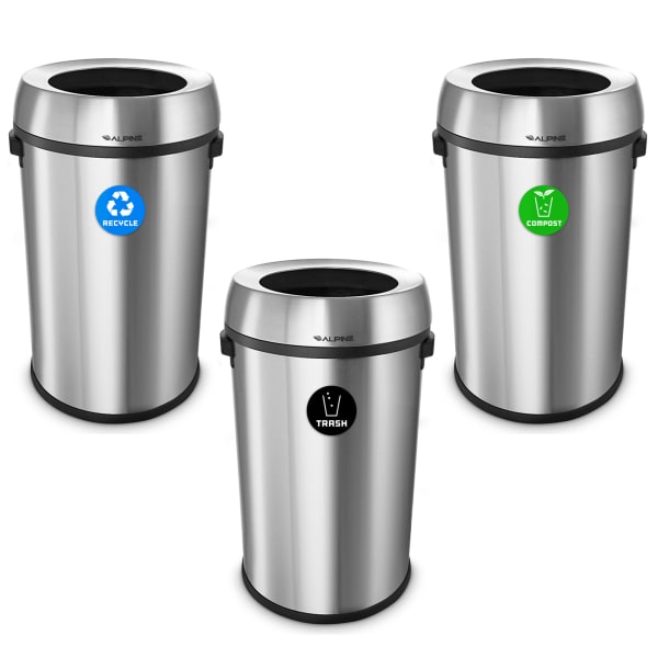 Alpine Industries Stainless Steel Open Top Recycling, Trash And Compost Station, 17 Gallons, Silver
