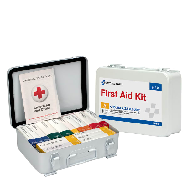 First Aid Only 25-Person 16-Unit Metal First Aid Kit, 6inH x 9inW x 2-7/16inD, Kit Of 83 Pieces