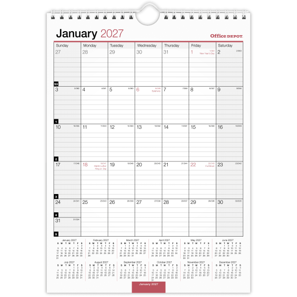 Office Depot Brand Monthly Wall Calendar, 8in x 11in, White, January 2027 to December 2027, OD30132827