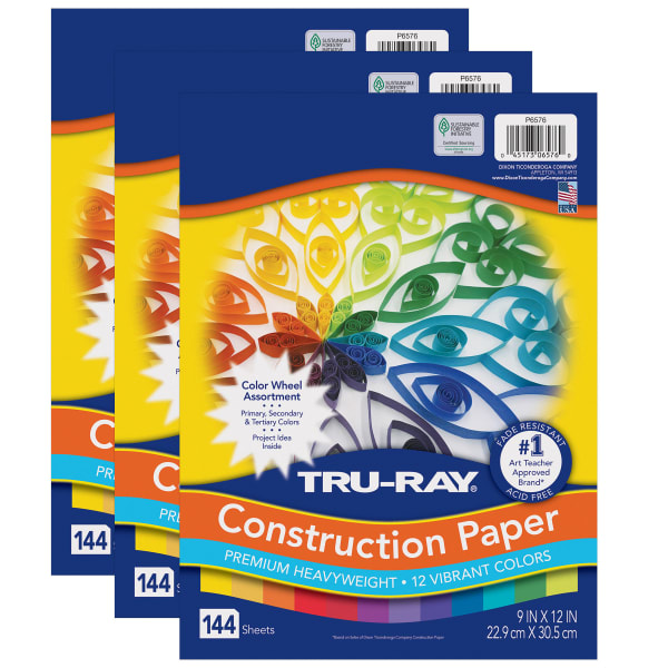 Tru-Ray Construction Paper, Heavyweight, 9in x 12in, Color Wheel Assortment, 12 Vibrant Colors, 144 Sheets Per Pack, Set Of 3 Packs