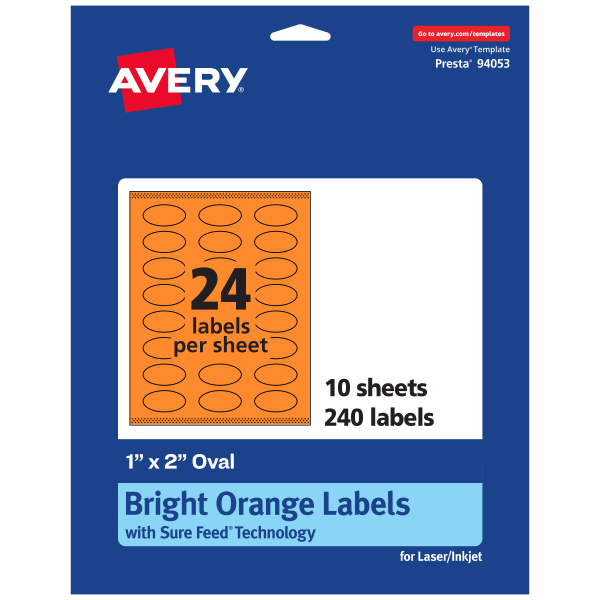 Avery Print-To-The-Edge Labels With Sure Feed Technology And Easy Peel Label Feature, 94053-BOP10, Oval, 1in x 2in, Matte Bright Orange, Pack of 240