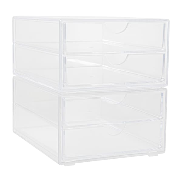 Martha Stewart Brody Plastic Stackable Office Desktop Organizer Boxes With 2 Drawers, 3-1/2inH x 6inW x 7-1/2inD, Clear, Pack Of 2 Boxes
