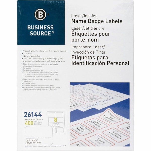 Business Source Laser/Inkjet Name Badge Labels - 2 1/3in Width x 3 3/8in Length - Rectangle - Laser, Inkjet - White - 8 / Sheet - Self-adhesive, Jam-free - 400 / Pack