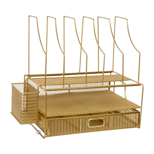 Martha Stewart Ryder Mesh Metal Large Desktop Organizer With Paper File Letter Holder And Drawer, 7inH x 14-3/4inW x 11-1/2inD, Gold