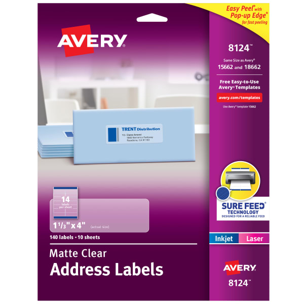 Avery Printable Labels With Sure Feed, Rectangle, 1-1/3in x 4in, Matte Clear, Pack Of 140