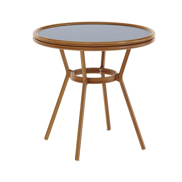 Flash Furniture Lourdes Indoor/Outdoor Commercial Bistro 31.5in Table, PE Rattan, Glass Top, Bamboo Print Aluminum Frame, Navy & White Rattan/Natural Frame
