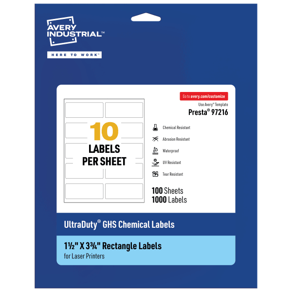 Avery Ultra Duty Permanent GHS Chemical Labels, 97216-WMU100, Rectangle, 1-1/2in x 3-3/4in, White, Pack Of 1,000