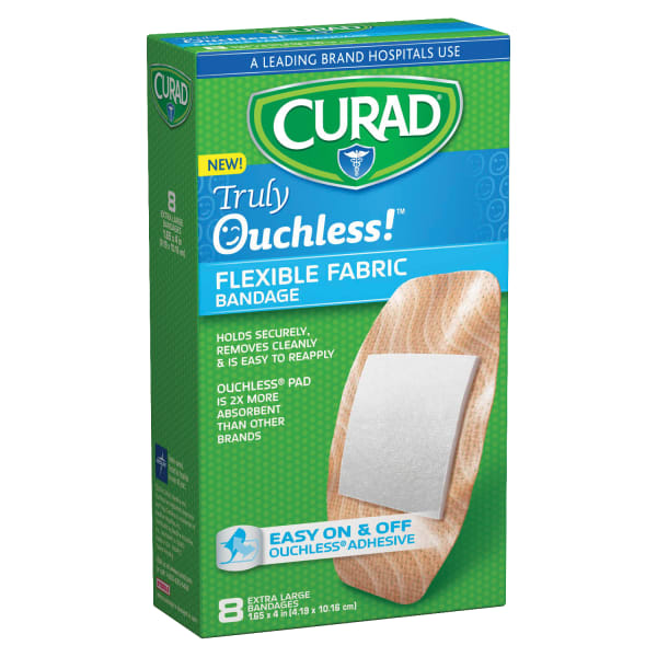 CURAD Truly Ouchless Self-Adhesive Bandages, XL, Tan, Box Of 8