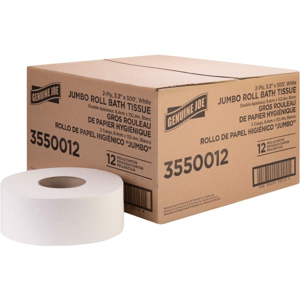 Genuine Joe Jumbo Jr Dispenser Bath Tissue Roll - 2 Ply - 3.30in Width x 500 ft Length - 8.88in Roll Diameter - White - Fiber - 12 / Carton