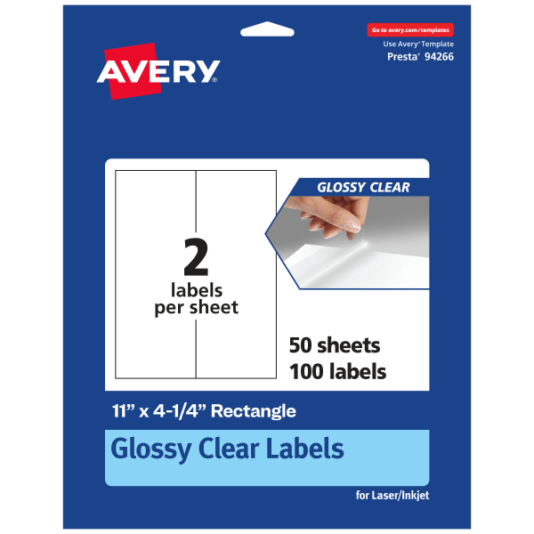 Avery Glossy Permanent Labels, 94266-CGF50, Rectangle, 11in x 4-1/4in, Clear, Pack Of 100