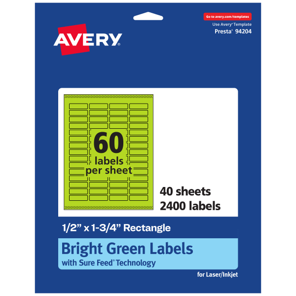 Avery Print-To-The-Edge Labels With Sure Feed Technology And Easy Peel, 94204-BGP40, Rectangle, 1/2in x 1-3/4in, Matte Bright Green, Pack of 2400