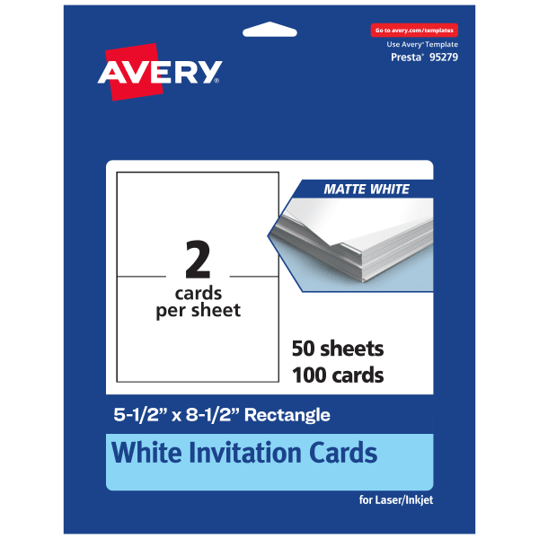 Avery Printable Invitation Cards, Rectangle, 5.5in x 8.5in, Matte White, Pack Of 100