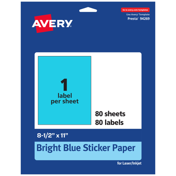 Avery Printable Sticker Paper, 94269-BBP80, Rectangle, 8-1/2in x 11in, Matte Bright Blue, Pack of 80