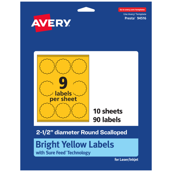 Avery Print-To-The-Edge Labels With Sure Feed Technology, 94516-BYP10, Round Scalloped, 2-1/2in, Matte Bright Yellow, Pack of 90