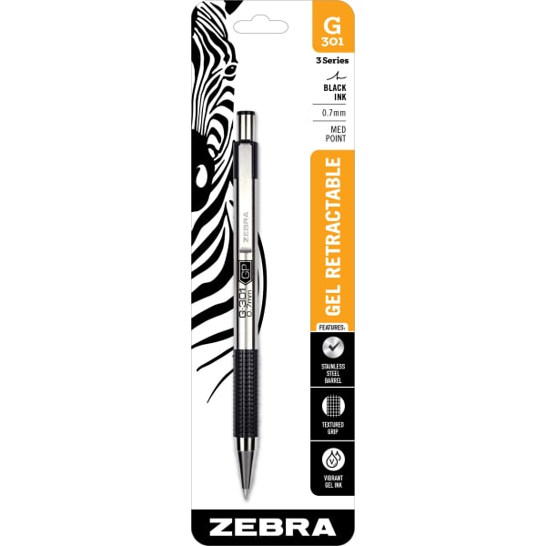 Zebra Pen G-301 Retractable Gel Pens, Medium Point, 0.7 mm, Silver Barrel, Black Ink