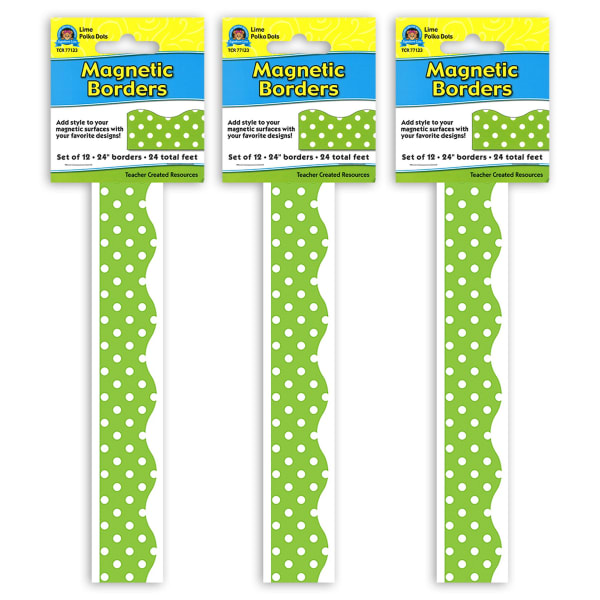 Teacher Created Resources Magnetic Borders, Lime Polka Dots, 24in x 1-1/2in, 12 Borders Per Pack, Set Of 3 Packs