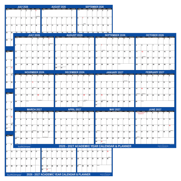 2026-2027 SwiftGlimpse Academic Monthly Wall Calendar, 36in x 24in, Navy/White, July To June, Total Qty 1