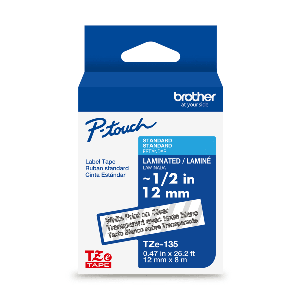 Brother P-touch TZe135, Laminated, 1/2in x 26.2 ft (12mm x 8m), White on Clear Label Tape