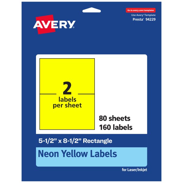 Avery Printable Labels, 94229-NYP80, Rectangle, 5-1/2in x 8-1/2in, Matte Neon Yellow, Pack of 160