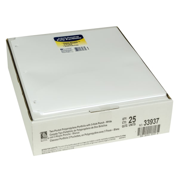 C-Line 2-Pocket Heavyweight Poly Portfolio Folders With 3-Hole Punch, 8-1/2in x 11in, White, Pack Of 25 Folders