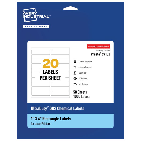 Avery Ultra Duty Permanent GHS Chemical Labels, 97182-WMU50, Rectangle, 1in x 4in, White, Pack Of 1,000